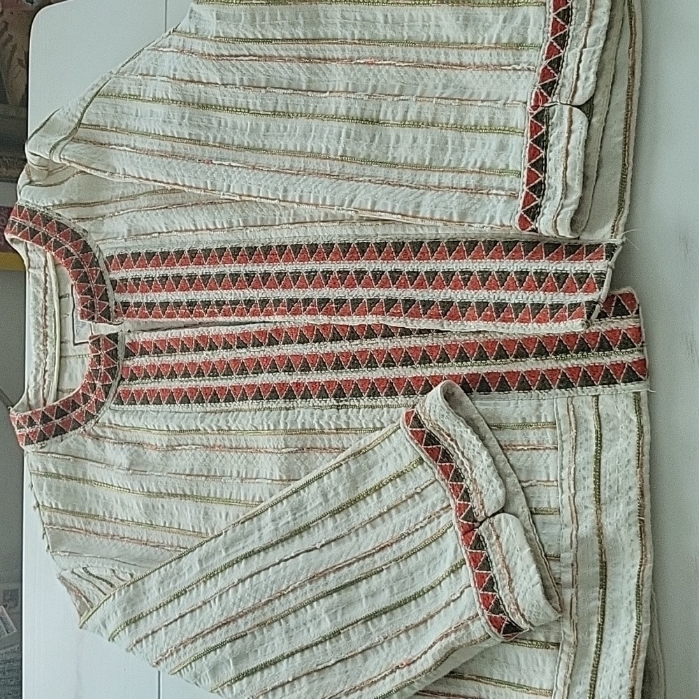 Johnny Was Cream Embroidered Cotton Jacket with Red & Olive Accents